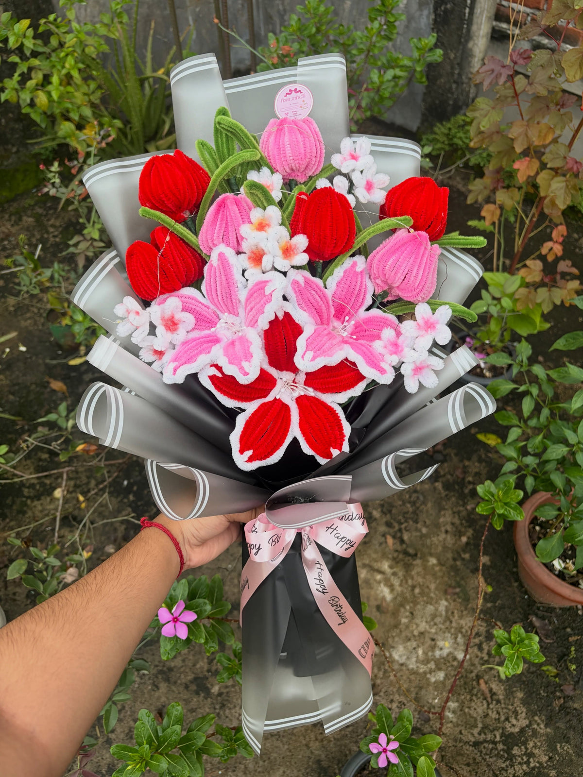 Handmade Red & Pink Floral Art Bouquet for Special Occasions