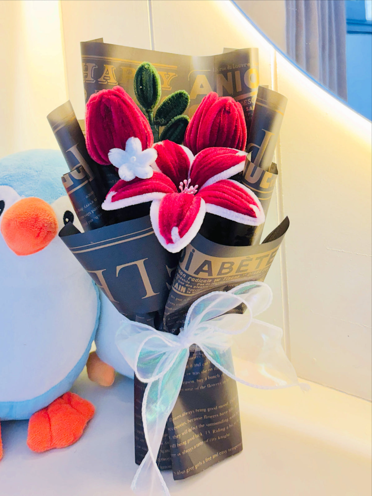🌹 Handmade Red Velvet Pipe Cleaner Flower Bouquet 💐